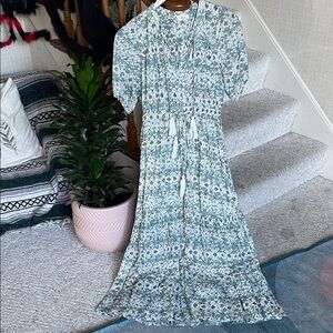 Elan Teal and White Floral Bohemian Cottagecore Midi Dress
